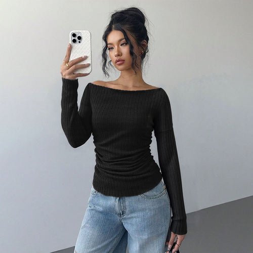 Damen schulterfreies geripptes Langarmshirt mit taillierter Raffung und figurbetontem Stretch – Avérine