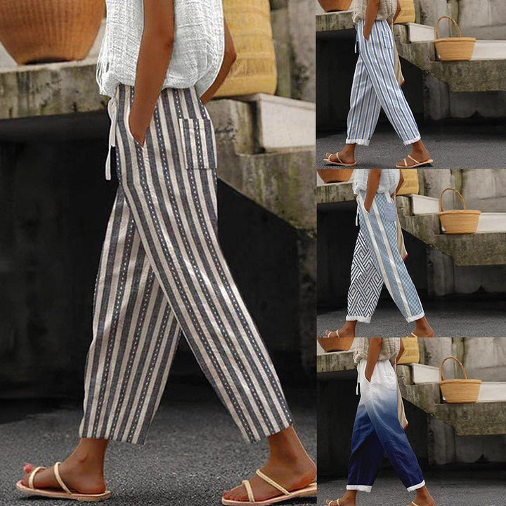 Damen Weite Leinenhose mit handgewebtem Muster Echoarchiv