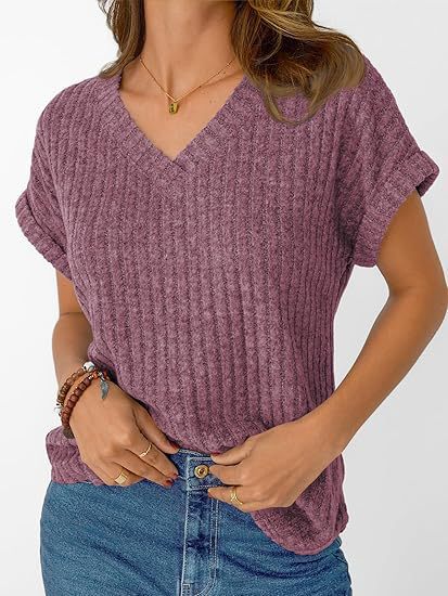 Damen lässiges V-Ausschnitt T-Shirt mit Streifenstruktur Echo Archiv