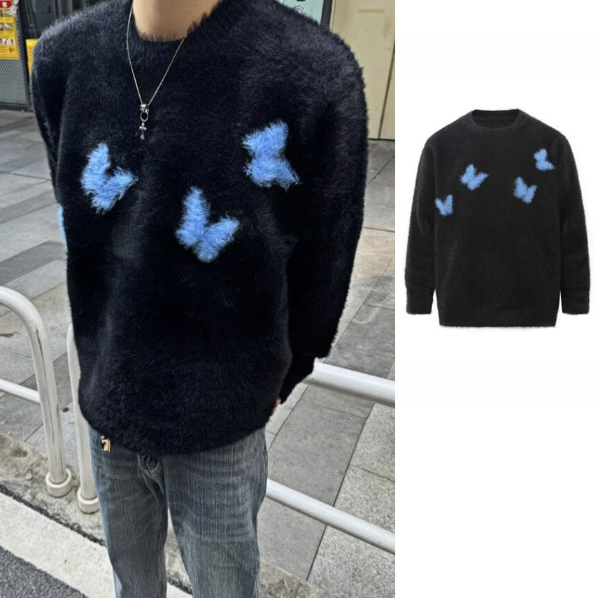 Damen Weicher Pullover mit geflocktem Schmetterlingsdesign Echoarchiv
