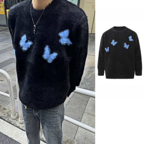 Damen Weicher Pullover mit geflocktem Schmetterlingsdesign Echoarchiv