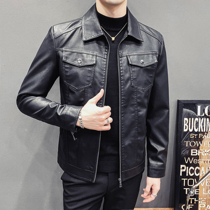 Herren Slim-Fit Kunstleder-Truckerjacke mit Hemdkragen und Brustpattentaschen Echo Archiv