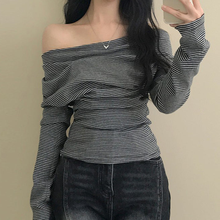Damen nan asymmetrisches Off-Shoulder Langarmshirt mit taillierter Raffung und schmaler Stretch-Passform Echo Archiv