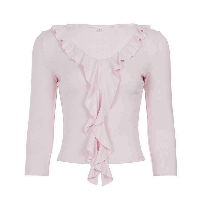 Damen nan tailliertes Langarmshirt mit tiefem V-Ausschnitt und eingesetzter Volant-Rüsche Echo Archiv