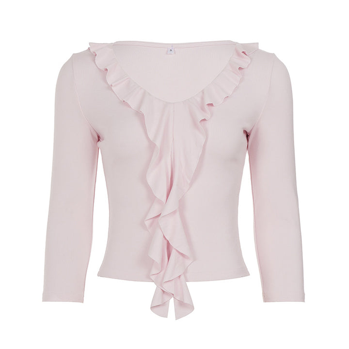 Damen nan tailliertes Langarmshirt mit tiefem V-Ausschnitt und eingesetzter Volant-Rüsche Echo Archiv