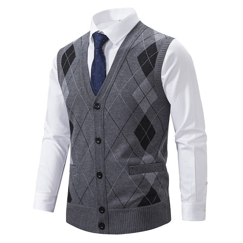 Herren nan ärmellose Strickweste mit Argyle-Muster, Teddyfutter und durchgehender Knopfleiste Echo Archiv