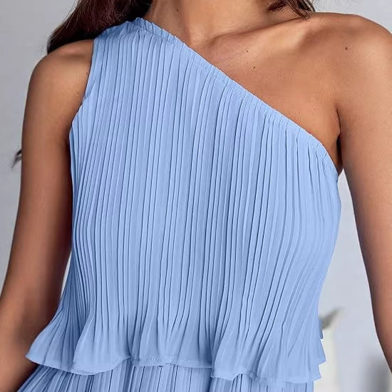 Damen Ärmelloses plissiertes Stufenkleid mit asymmetrischer Schulterpartie Echo Archiv