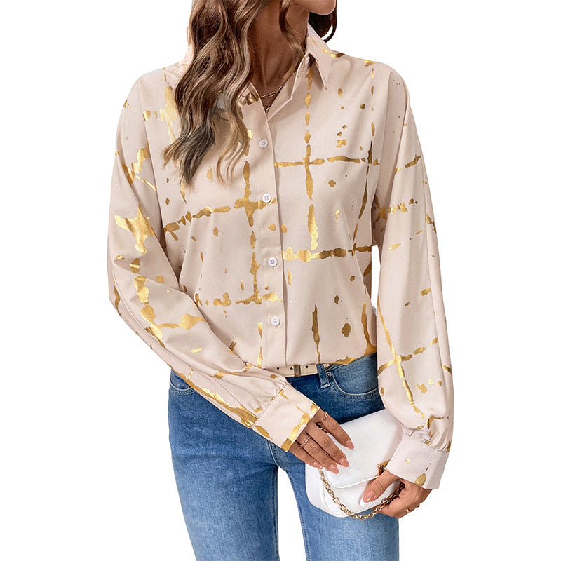 Damen Elegante Langarm-Bluse mit Gold-Folienprint, Hemdkragen und lockerem Schnitt Echoarchiv