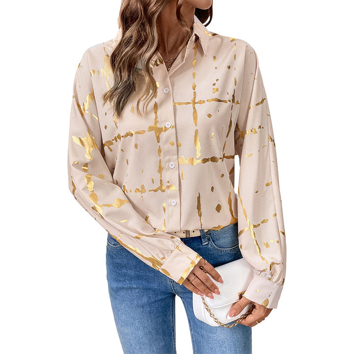 Damen Elegante Langarm-Bluse mit Gold-Folienprint, Hemdkragen und lockerem Schnitt Echoarchiv