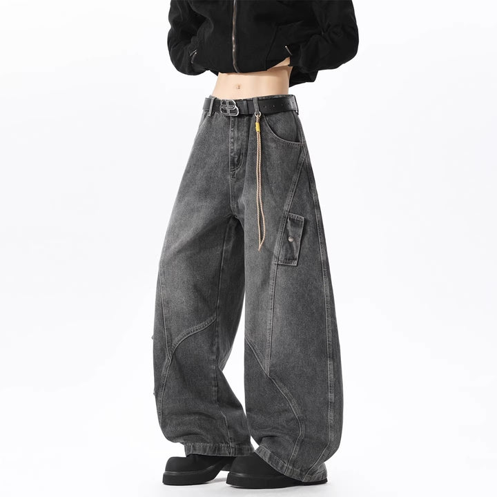 Damen Baggy-Cargo-Jeans aus gewaschenem Denim mit hoher Taille und Panelnähten Echoarchiv