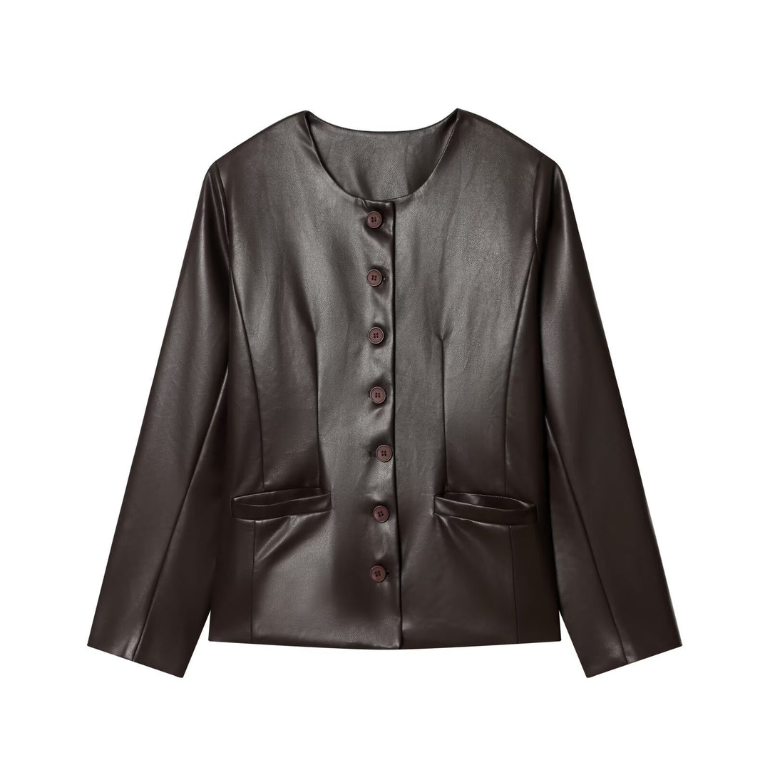 Damen Knopfblazer aus veganer Lederoptik im Cropped‑Boxy‑Schnitt mit Rundhalsausschnitt Echoarchiv