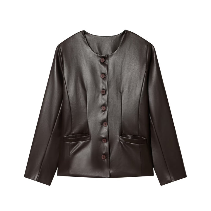 Damen Knopfblazer aus veganer Lederoptik im Cropped‑Boxy‑Schnitt mit Rundhalsausschnitt Echoarchiv