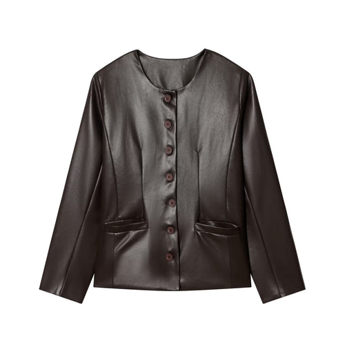 Damen Knopfblazer aus veganer Lederoptik im Cropped‑Boxy‑Schnitt mit Rundhalsausschnitt Echoarchiv
