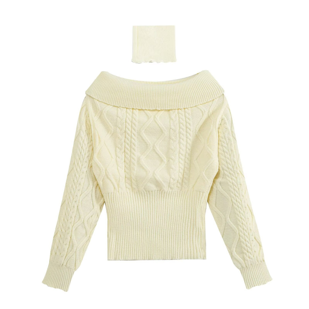 Damen Schulterfreier Zopfmuster-Pullover mit weitem Umschlagkragen Echo Archiv