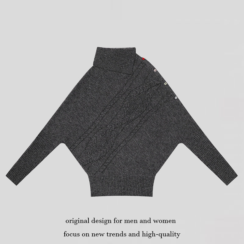 Damen Oversize-Pullover mit Rollkragen, asymmetrischer Schulter-Knopfleiste und Zopfstrick-Details Echoarchiv