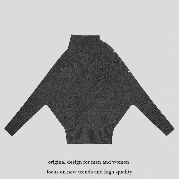 Damen Oversize-Pullover mit Rollkragen, asymmetrischer Schulter-Knopfleiste und Zopfstrick-Details Echoarchiv