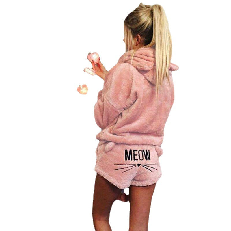 Damen nan kuscheliges zweiteiliges Lounge-Set mit Kapuzenpullover und Shorts mit MEOW-Stickerei Echo Archiv