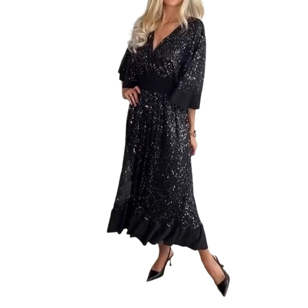 Damen nan schimmerndes Abend-Maxikleid mit Kimonoärmeln und taillenbetontem Bund Echo Archiv