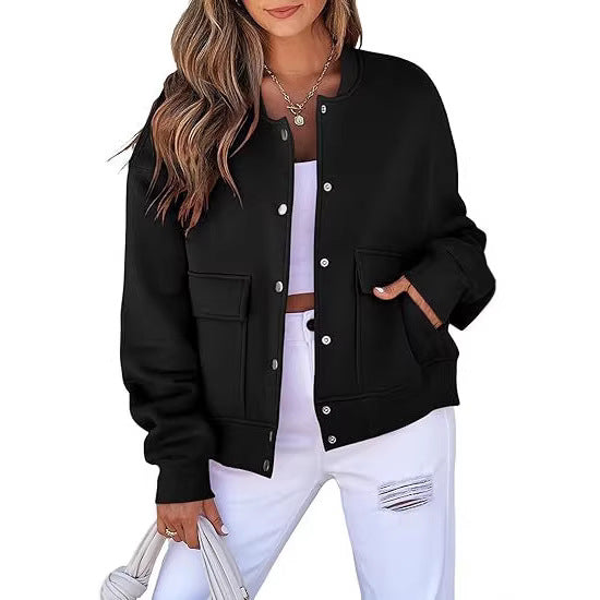 Damen lässige Oversize-Bomberjacke aus Sweatstoff mit Druckknopfleiste und aufgesetzten Taschen Echo Archiv