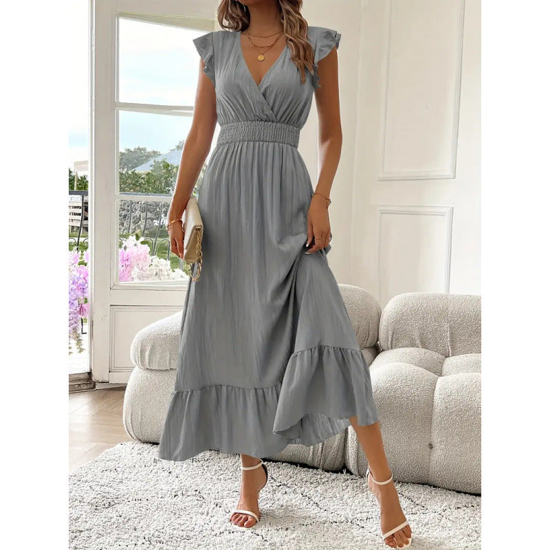 Damen Maxikleid mit voluminösen Rüschenärmel und elegantem Bund – Valéora