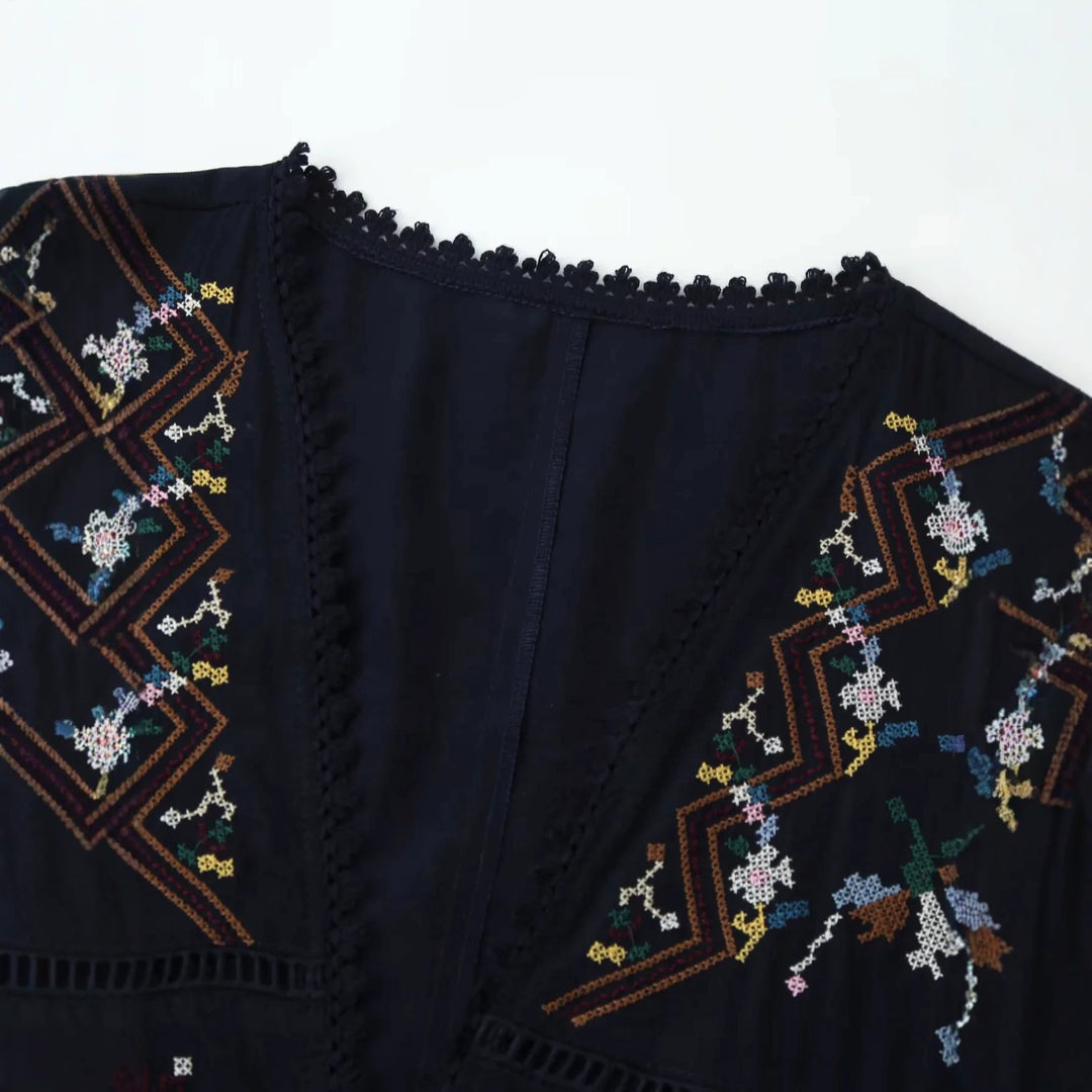 Damen nan bestickte Kimono-Jacke mit Bindeband, Häkelkante und ellenbogenlangen Ärmeln Echo Archiv