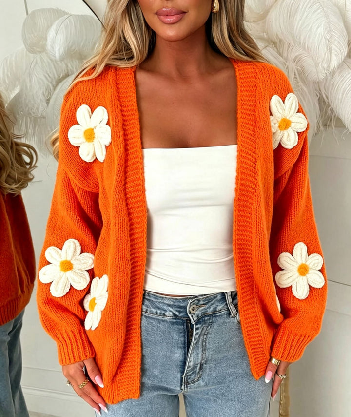 Damen Oversize-Strickcardigan mit 3D-Blumenapplikationen und geripptem Saum – Veloura