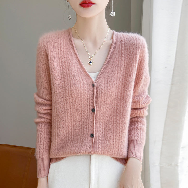 Damen Kurzer Zopfmuster-Cardigan im Mohair-Look mit V‑Ausschnitt und gerippten Bündchen Echoarchiv