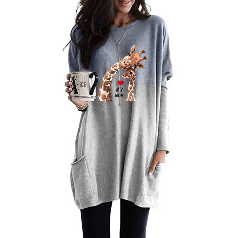Frauen Übergroße Sweatkleid mit Giraffenmuster, Rundhalsausschnitt und Seitentaschen Echoarchiv