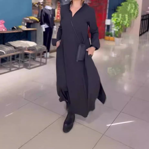Damen nan fließendes Maxikleid mit V-Ausschnitt, kastiger A-Linie und langen Ärmeln Echo Archiv
