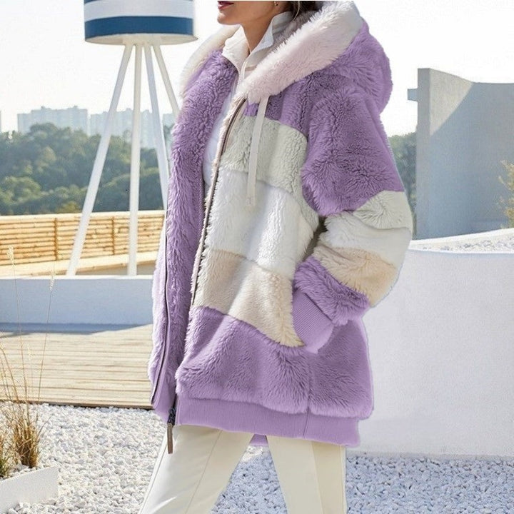 Damen nan Oversize Teddyfell-Kapuzenjacke mit Farbblock-Streifen, hochwertigem Reißverschluss und gerippten Bündchen Echo Archiv