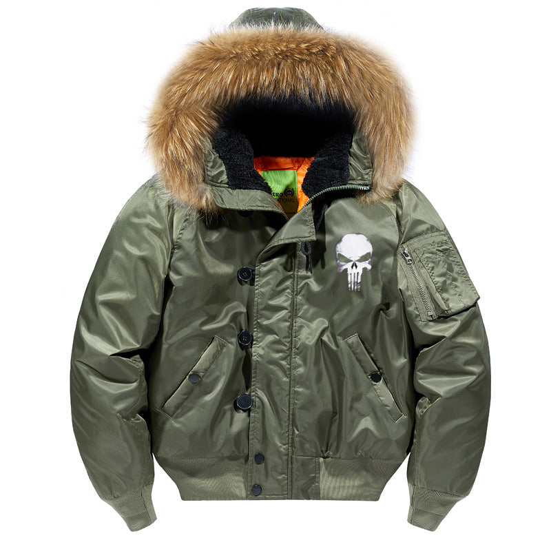 Herren -isolierte Kapuzen-Bomberjacke mit Kunstfellbesatz und Schädel-Brustgrafik Echo Archiv