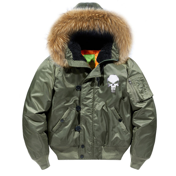 Herren -isolierte Kapuzen-Bomberjacke mit Kunstfellbesatz und Schädel-Brustgrafik Echo Archiv