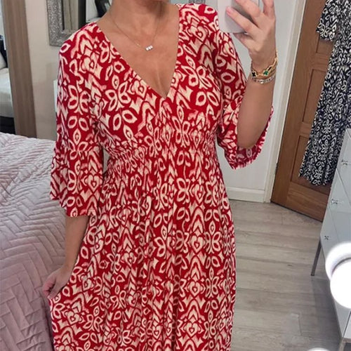 Damen Maxikleid mit V-Ausschnitt und weit ausgestellten Ärmeln Echo Archiv