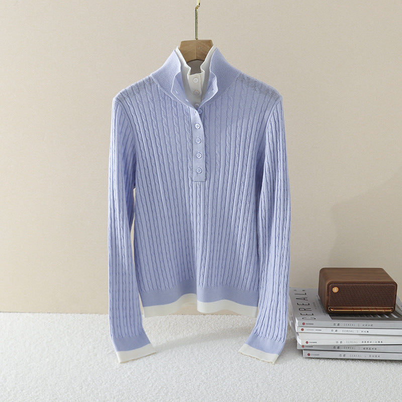 Damen Feinstrick-Polo-Pullover mit Rippstruktur, Stehkragen und Knopfleiste Echo Archiv