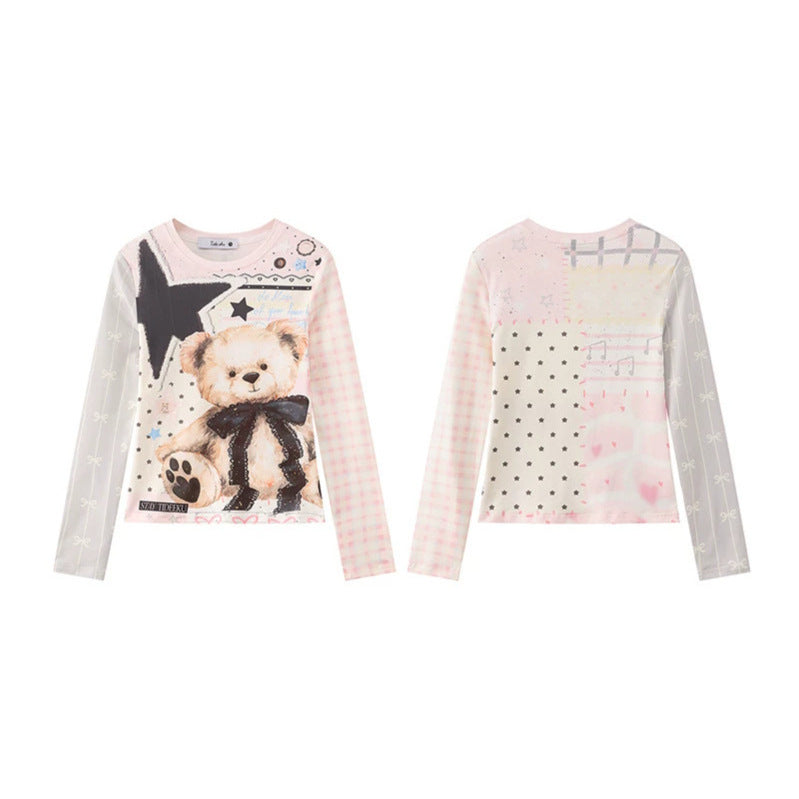 Damen Langarmshirt mit verspieltem Teddybär-Print, Mixed-Muster und Spitzenband Echoarchiv