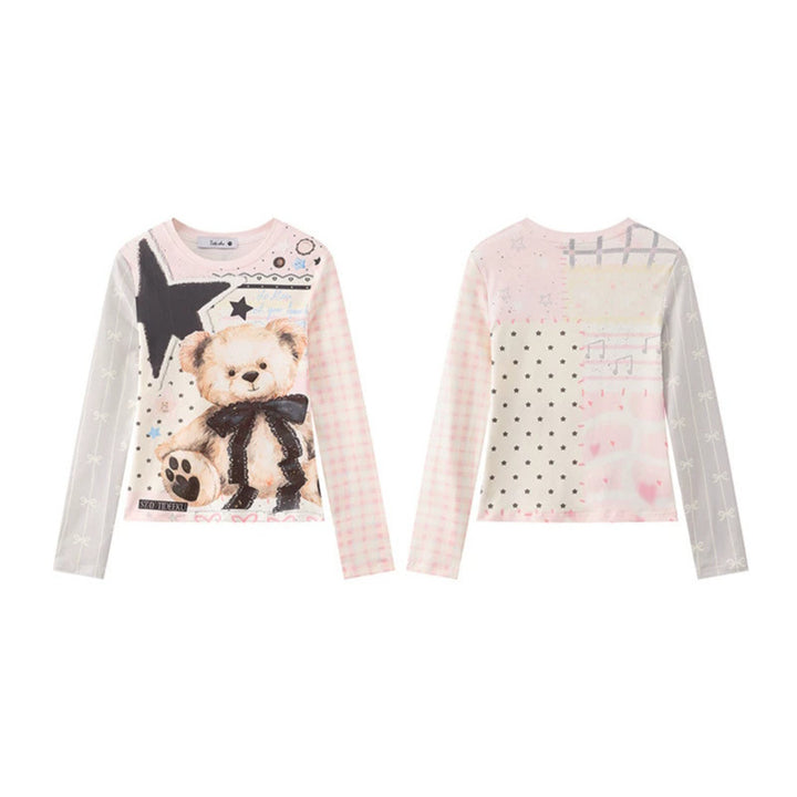 Damen Langarmshirt mit verspieltem Teddybär-Print, Mixed-Muster und Spitzenband Echoarchiv