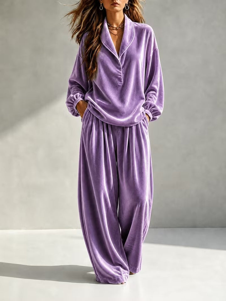Damen Luxuriöses Velours-Loungewear-Set mit Schalkragen und weiter Palazzo-Hose Echoarchiv