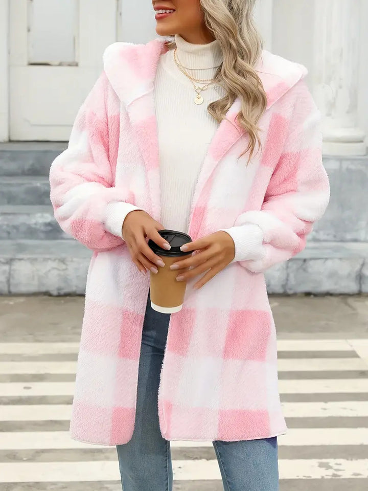 Damen Oversize Karierter Teddy-Mantel mit Kapuze und Eingrifftaschen Echo Archiv