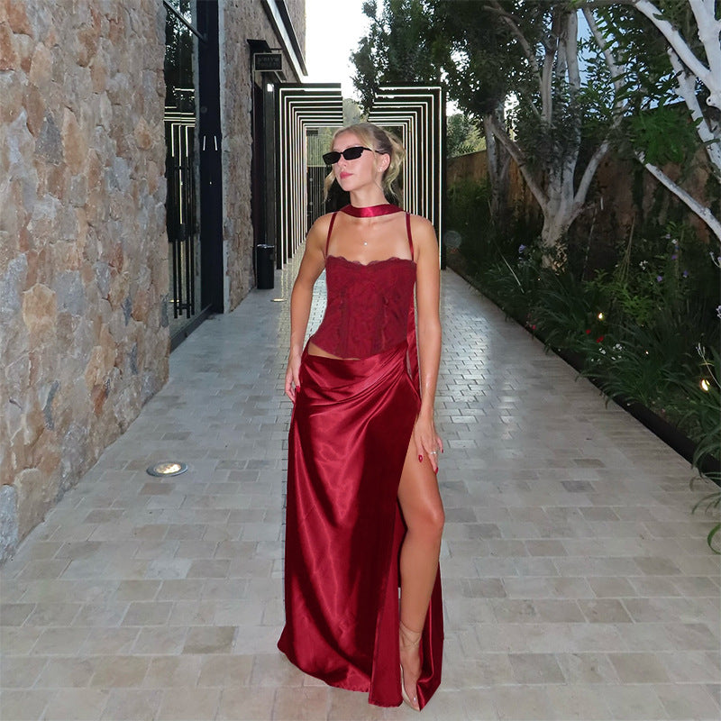 Damen elegantes Maxikleid mit Spitzenoberteil und fließendem Rock Echo Archiv