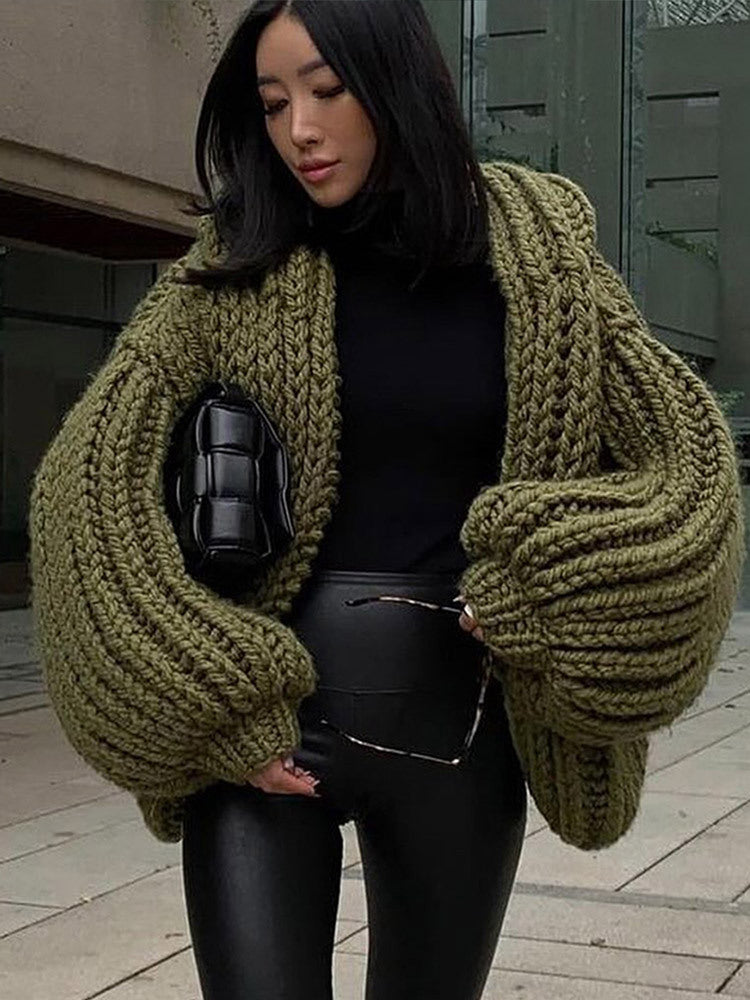 Damen Oversize Grobstrick-Cardigan mit großer Kapuze & voluminösen Ärmeln Echoarchiv
