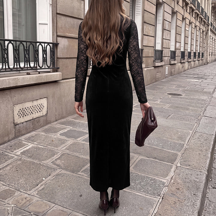 Damen Elegantes Langarm Maxikleid aus Samt und Spitze Echo Archiv