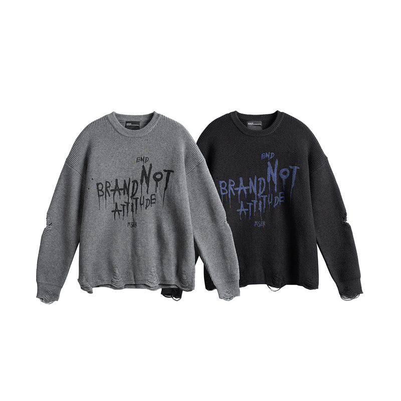 Unisex Oversize Strickpullover mit Destroyed Details und Statement Print Echoarchiv