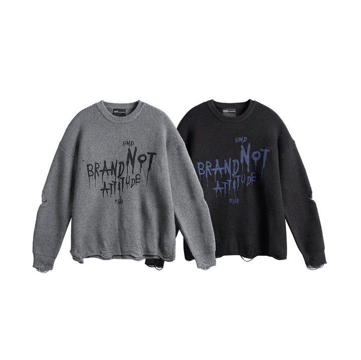 Unisex Oversize Strickpullover mit Destroyed Details und Statement Print Echoarchiv