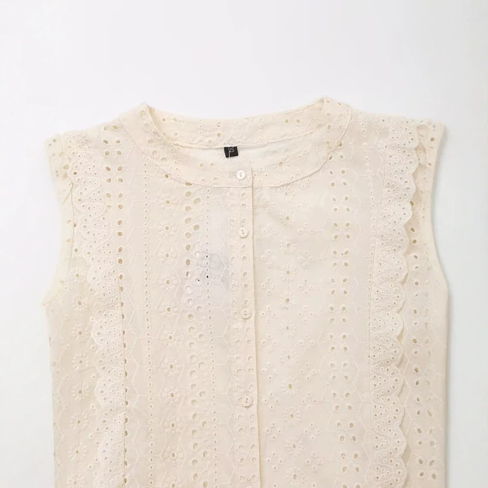 Damen Broderie‑Anglaise Bluse mit Rundausschnitt, Ballonärmeln und Spitzenbesatz Echoarchiv
