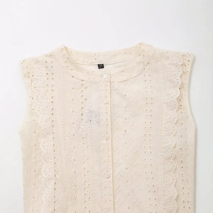 Damen Broderie‑Anglaise Bluse mit Rundausschnitt, Ballonärmeln und Spitzenbesatz Echoarchiv