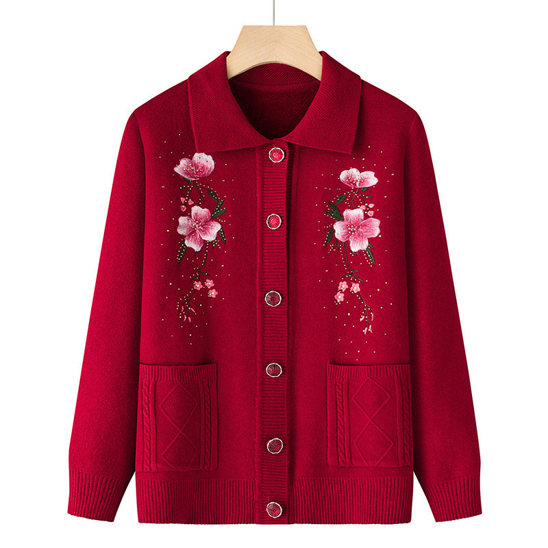 Damen bestickte Strickjacke mit Hemdkragen, Eingrifftaschen und floraler Stickerei – Veloura