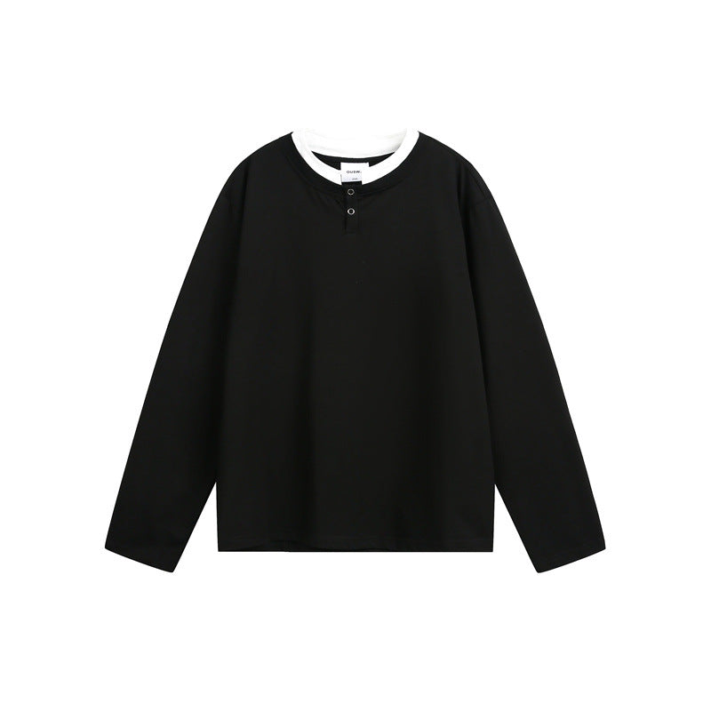 Unisex Lässiges Layering-Henley-Langarmshirt mit Kontrast-Doppelkragen Echoarchiv