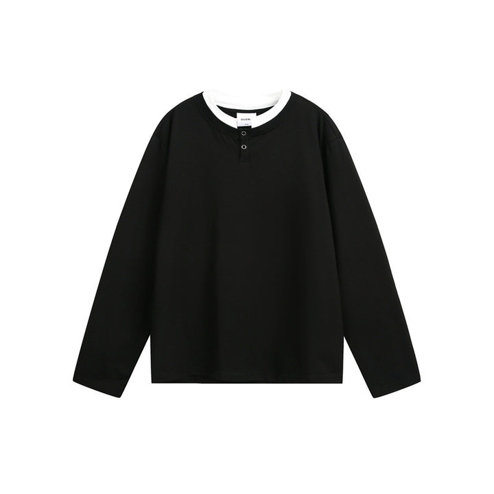 Unisex Lässiges Layering-Henley-Langarmshirt mit Kontrast-Doppelkragen Echoarchiv