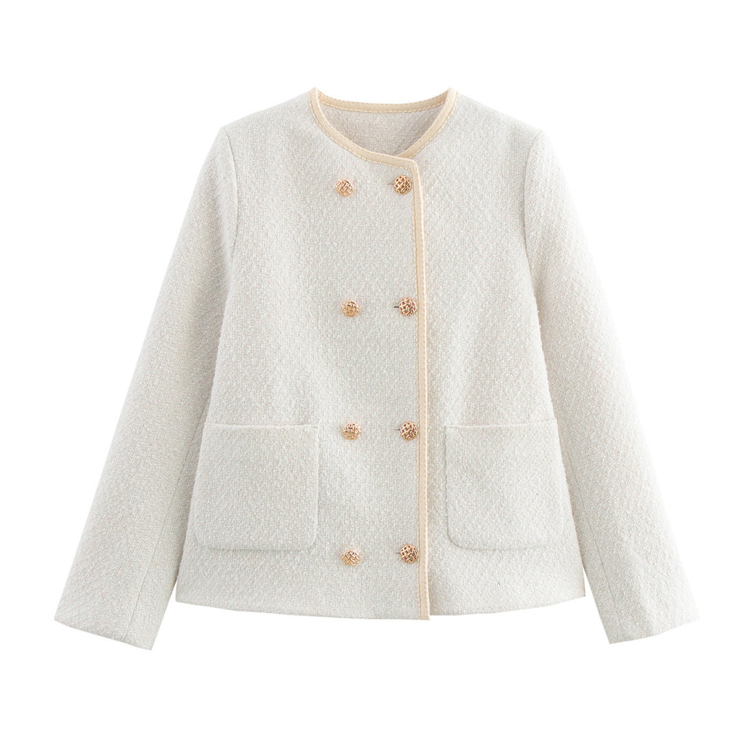 Damen elegante Bouclé-Jacke mit Rundhalsausschnitt, doppelter Zierknopfleiste und aufgesetzten Taschen – Célinea