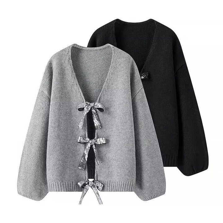 Damen Oversized Strickcardigan mit V-Ausschnitt und Pailletten‑Schleifen Echo Archiv